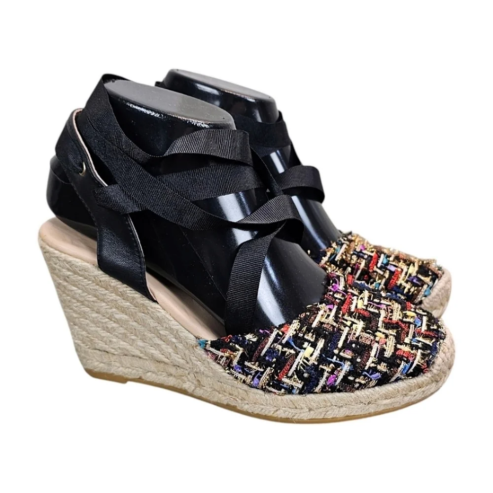 NEW! L.K. Bennett Tianna Black Tweed Espadrille Wedges Sz 37 7 Ankle Tie Preppy